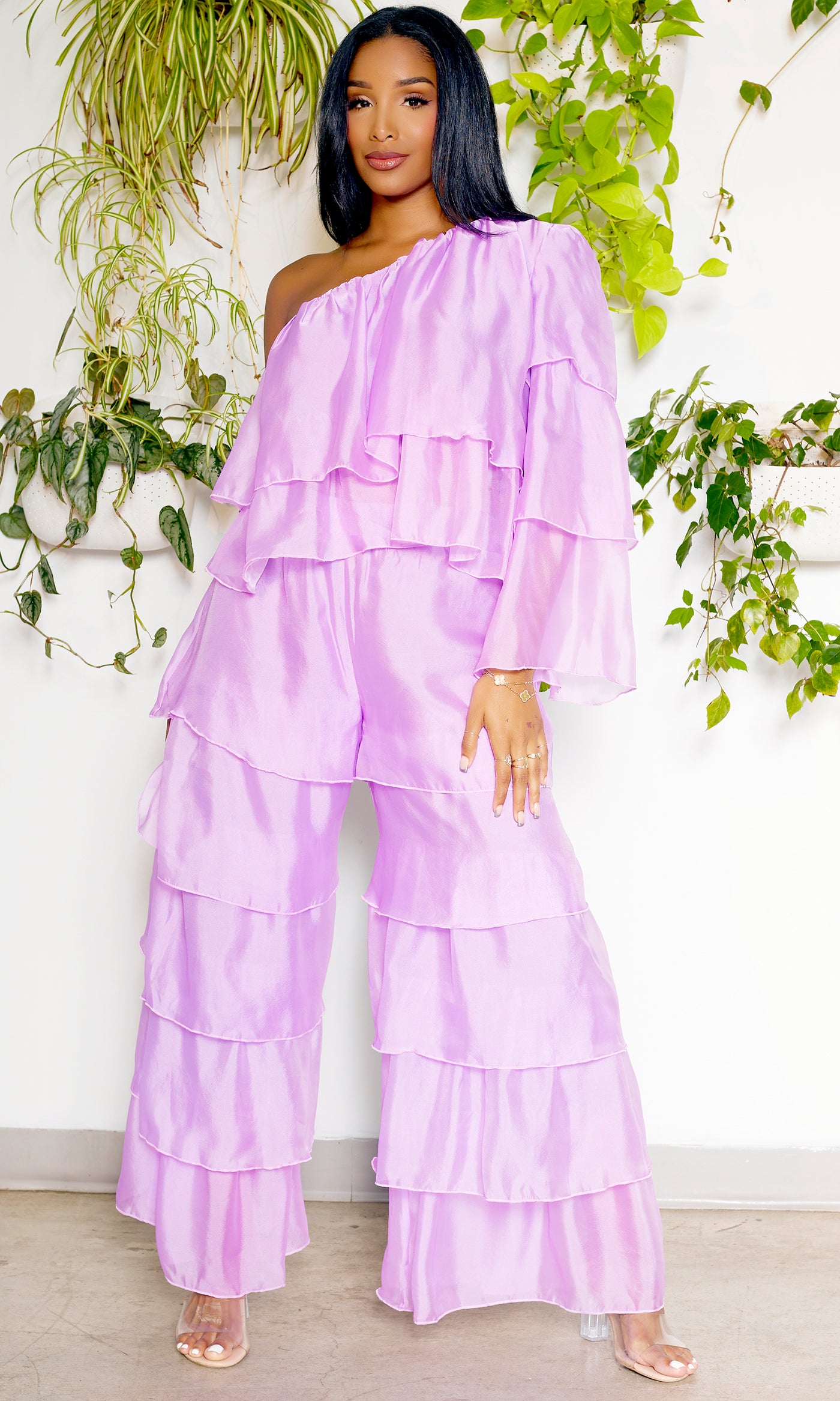 One Shoulder Tiered Organza Set | Lilac - Cutely Covered