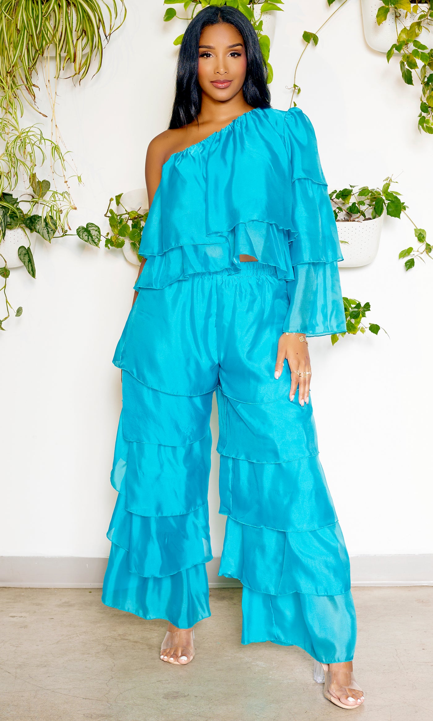 One Shoulder Tiered Organza Set | Teal - Cutely Covered