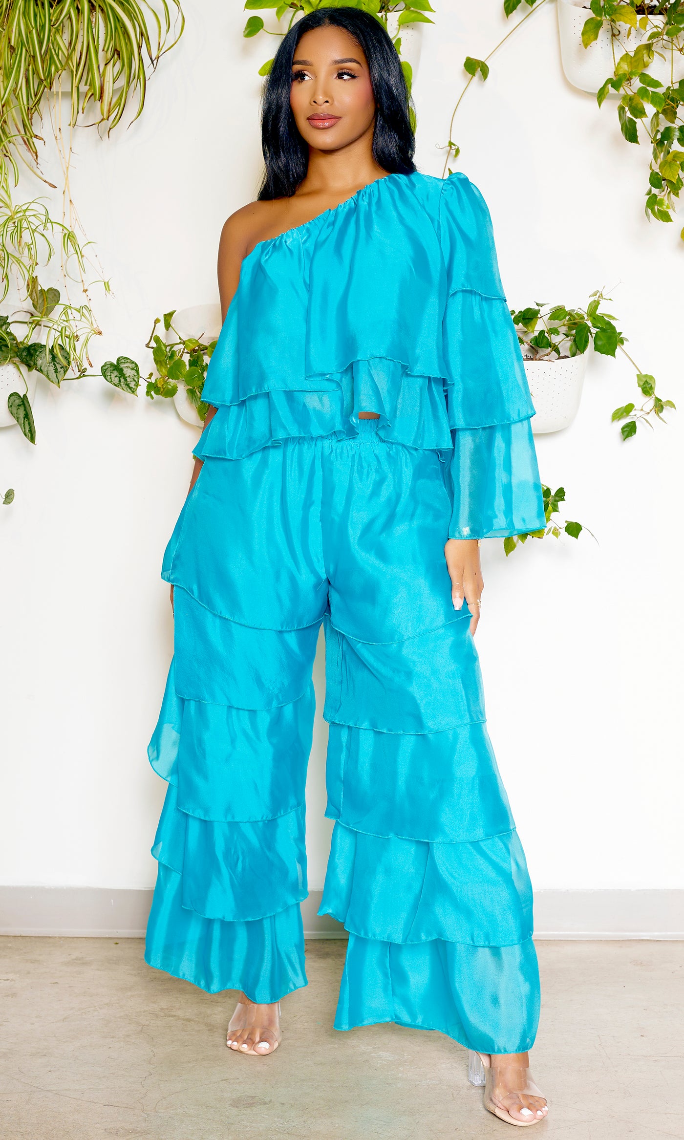 One Shoulder Tiered Organza Set | Teal - Cutely Covered