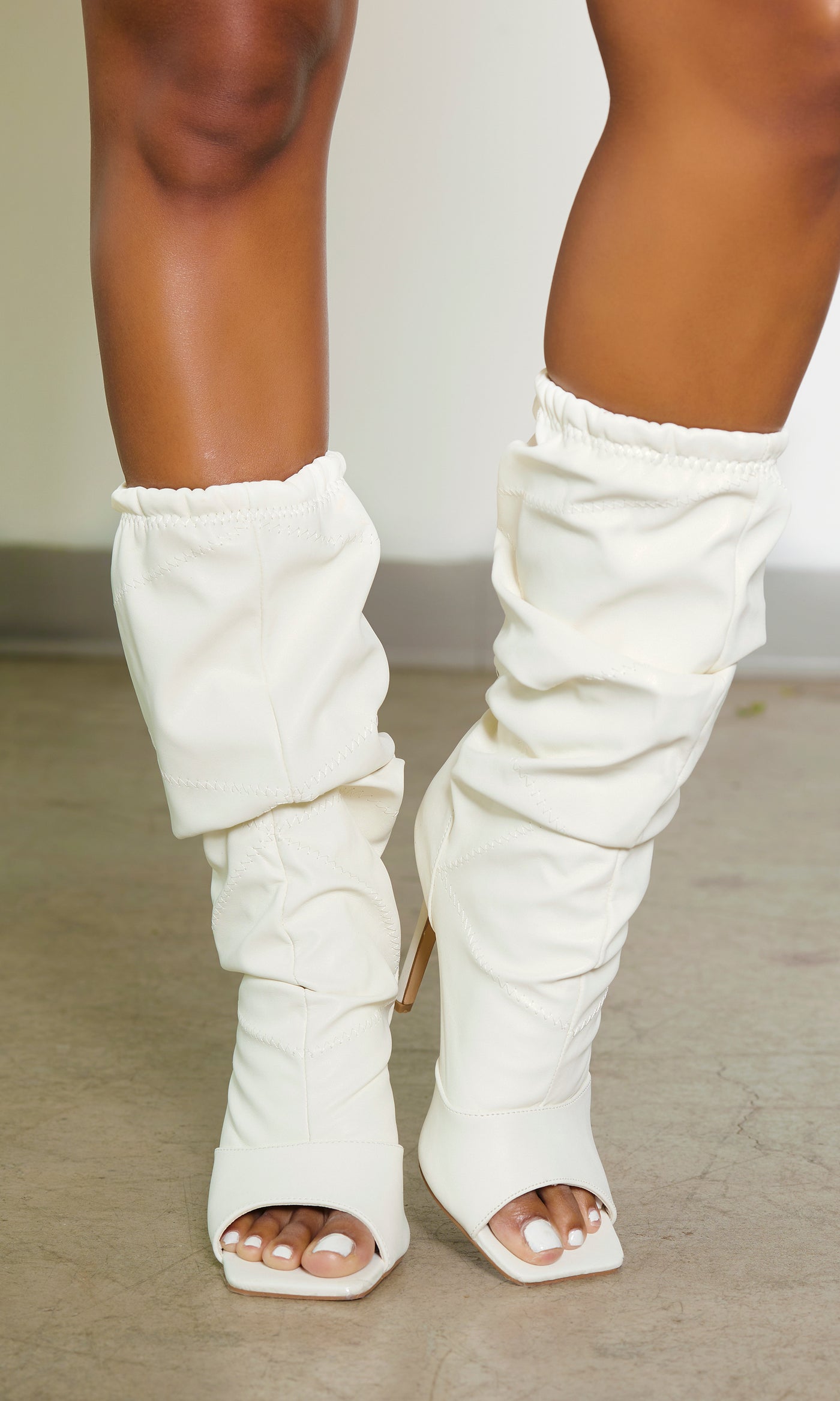 Faux Leather Peep Toe Puffer Bootie Boots -  Off White - Cutely Covered