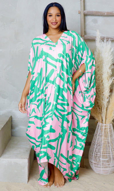 Glide Long Kaftan Dress - Pink/Green Print - Cutely Covered