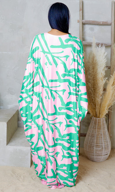 Glide Long Kaftan Dress - Pink/Green Print - Cutely Covered