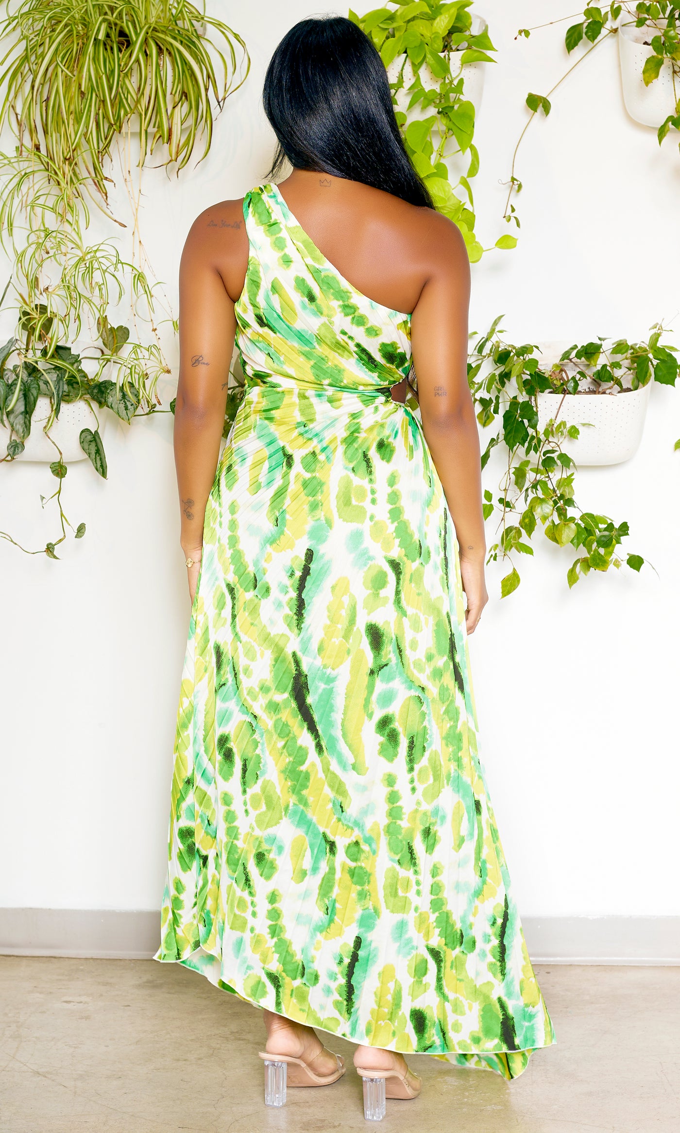 Gorgeous  | One-Shoulder Cutout Asymmetrical Dress - Green Multi - Cutely Covered