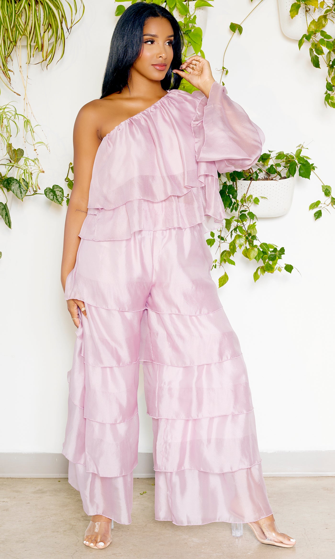 One Shoulder Tiered Organza Set | Mauve - Cutely Covered