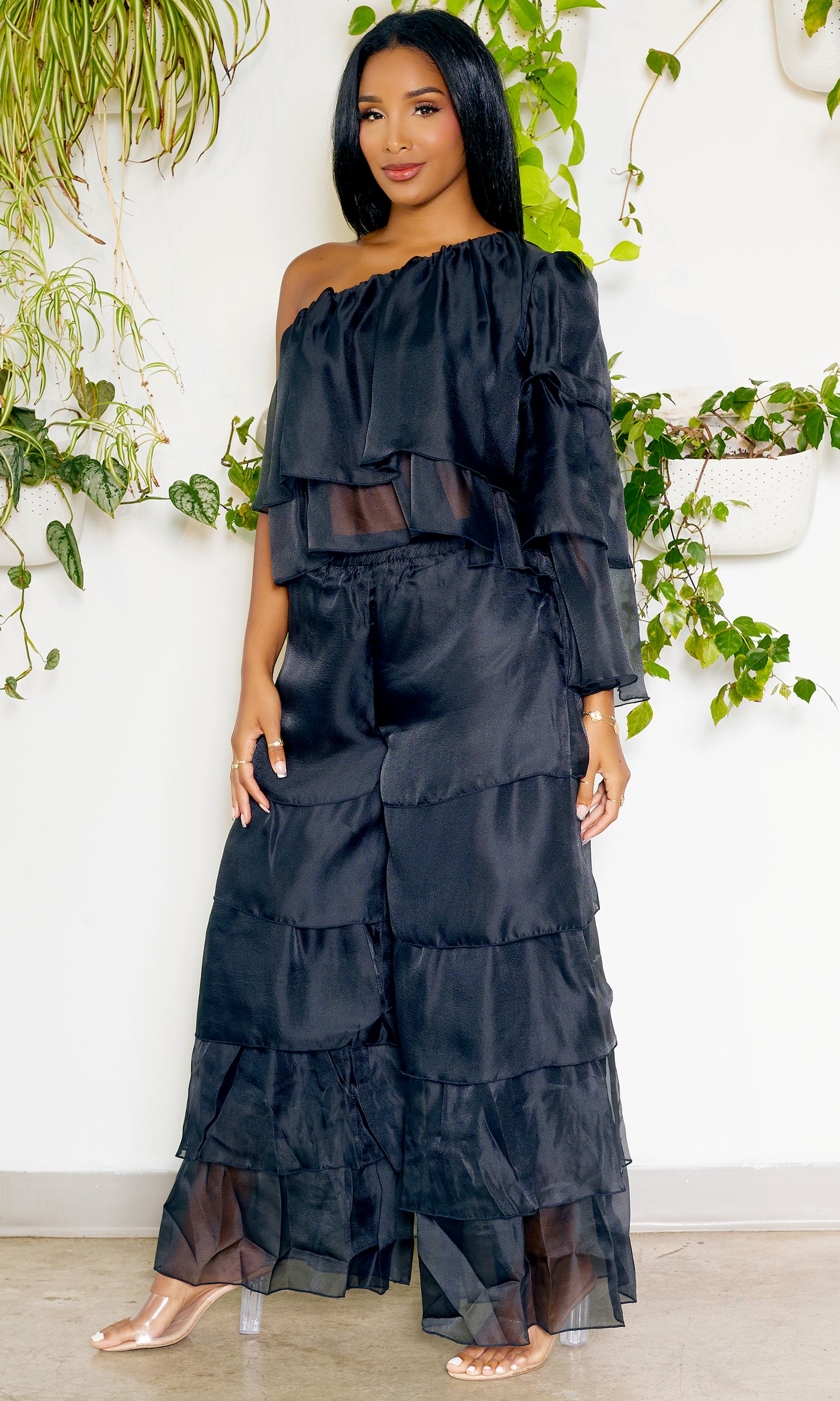 One Shoulder Tiered Organza Set | Black - Cutely Covered