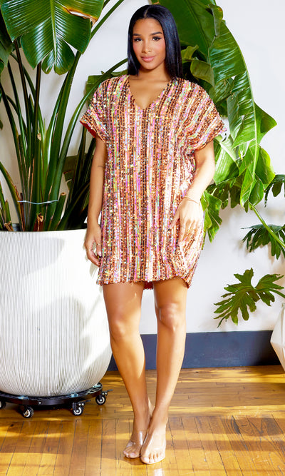 Sequins V Neck Oversized Dress - Brown - Cutely Covered
