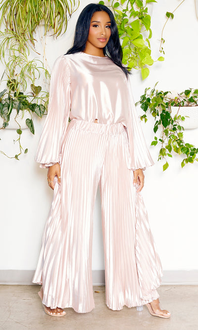 Pleated Chic | Long Sleeves Satin Set - Champagne - Cutely Covered