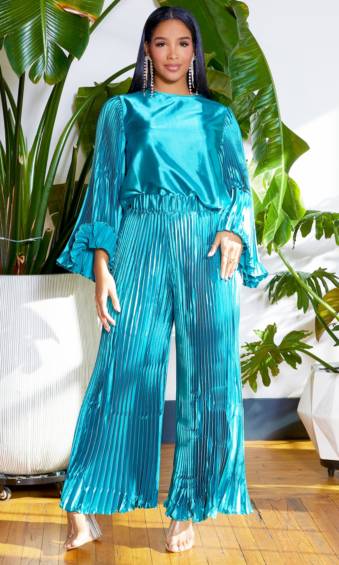 Pleated Chic | Long Sleeves Satin Set - Teal - Cutely Covered
