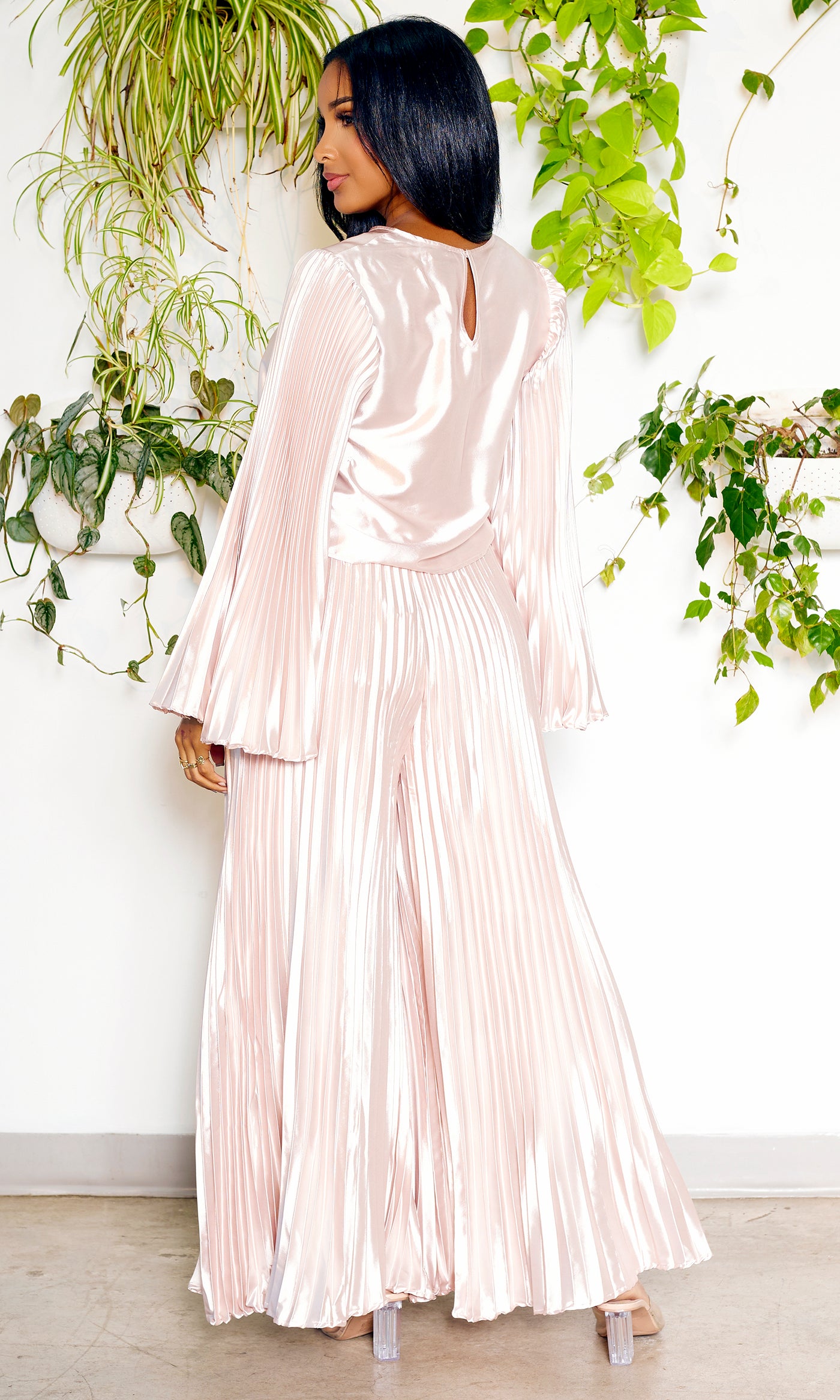 Pleated Chic | Long Sleeves Satin Set - Champagne - Cutely Covered