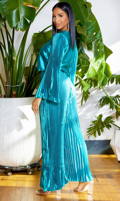 Pleated Chic | Long Sleeves Satin Set - Teal - Cutely Covered
