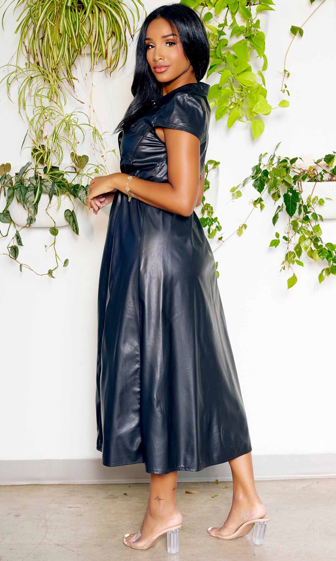 Chic Black Faux Leather Dress C5– Cutely Covered