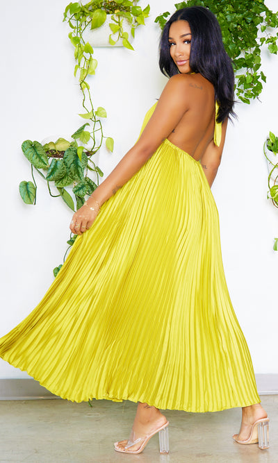 Golden Hour | Pleated Halter Dress - Chartreuse - Cutely Covered