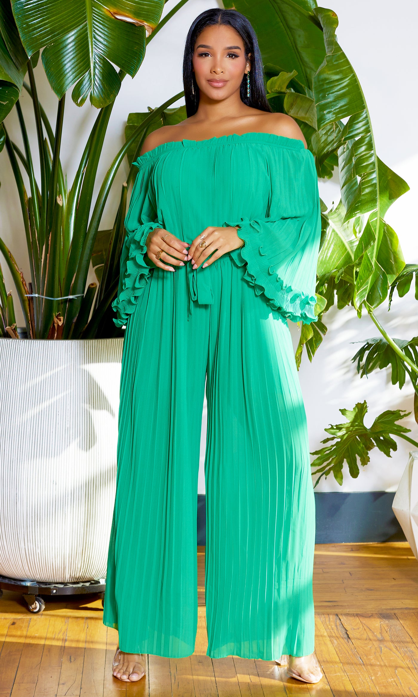 Off The Shoulder Pleated Chiffon Jumpsuit  - Green - Cutely Covered
