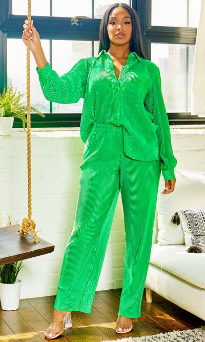 Cozy Collared Button Down Pants Set - Kelly Green - Cutely Covered