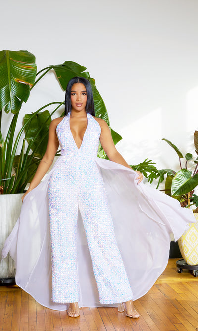 Gala Ready | Sequin Jumpsuit - White - Cutely Covered