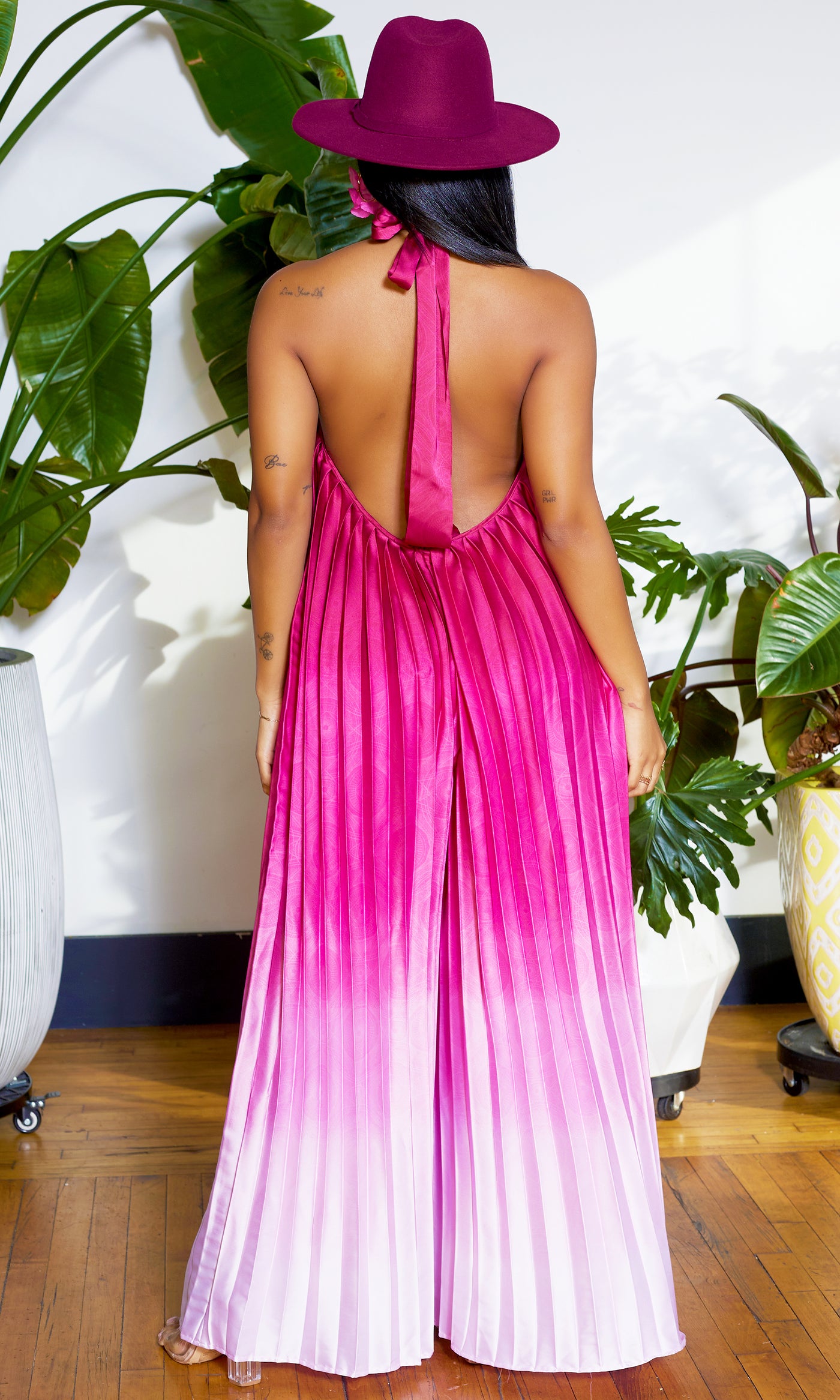 Ombre Pleated Halter Jumpsuit - Berry Ombre - Cutely Covered