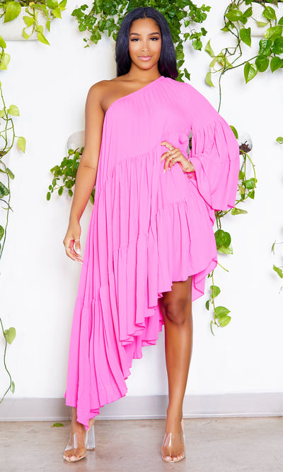 Asymmetrical One Sleeve Lime Dress | Neon Pink - Cutely Covered