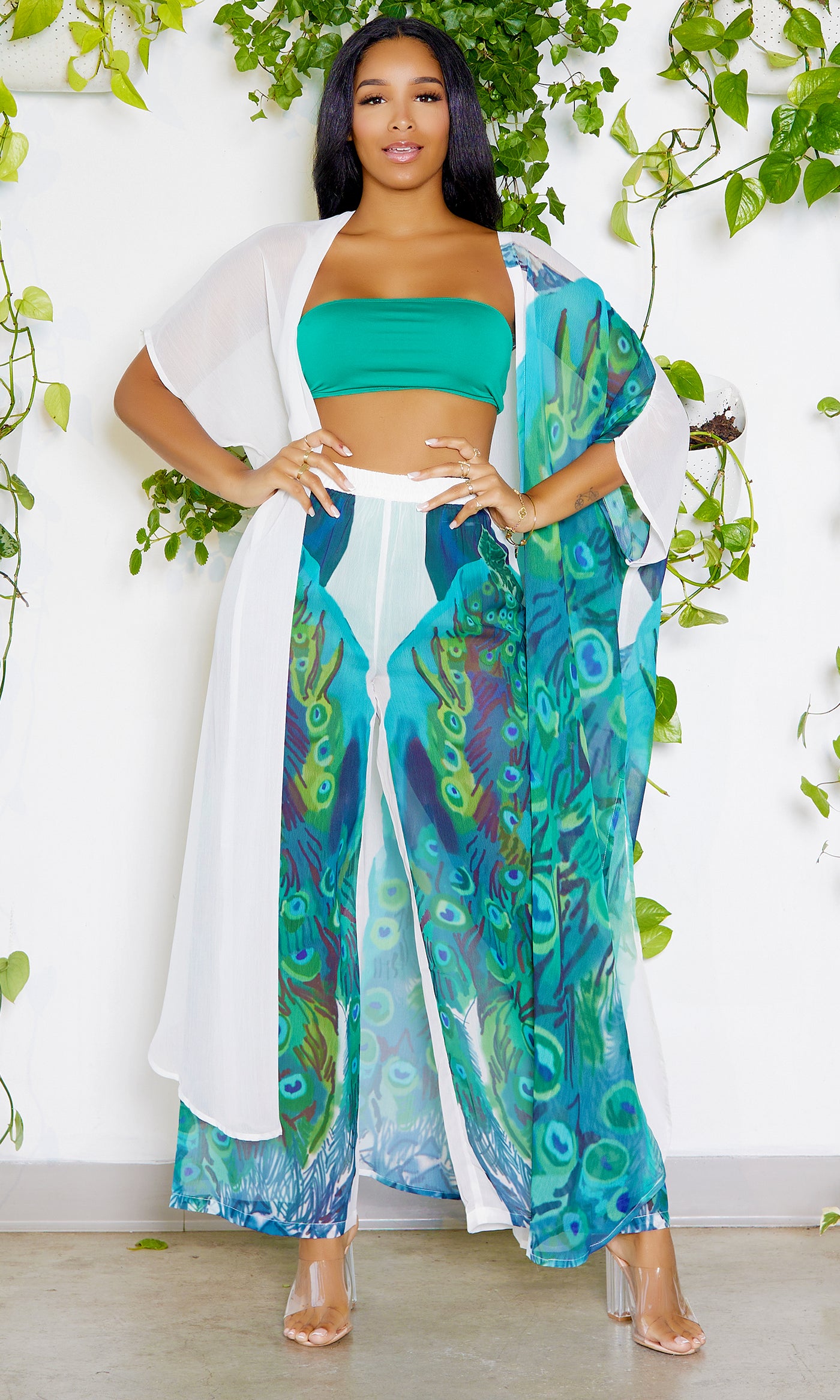 Peacock In Paradise | Kimono Pants Set - Cutely Covered