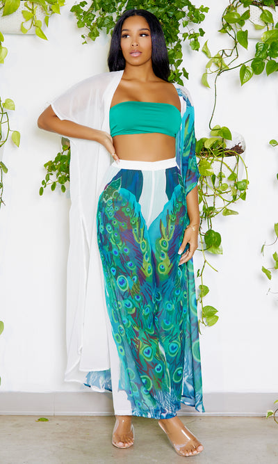 Peacock In Paradise | Kimono Pants Set - Cutely Covered