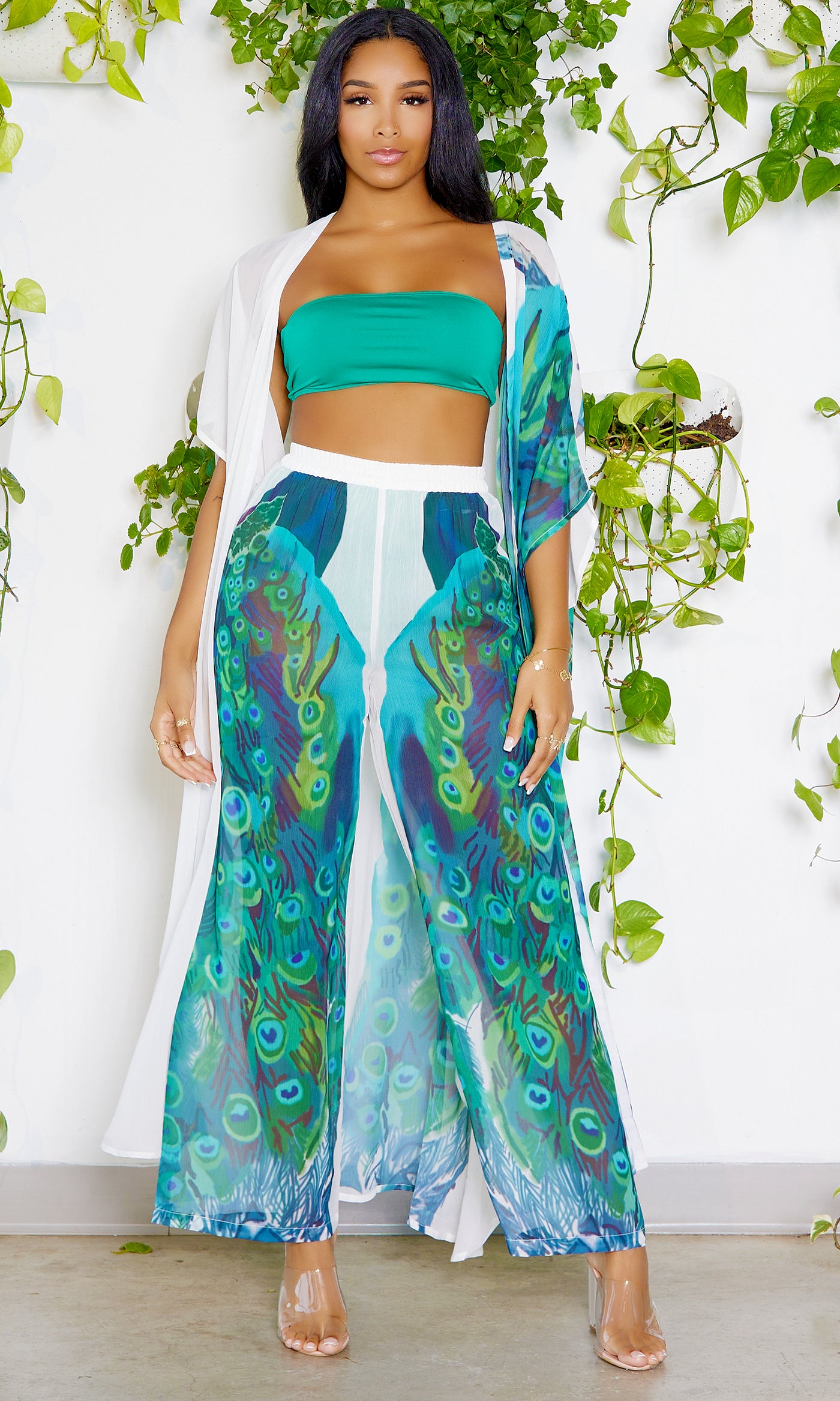 Peacock In Paradise | Kimono Pants Set - Cutely Covered