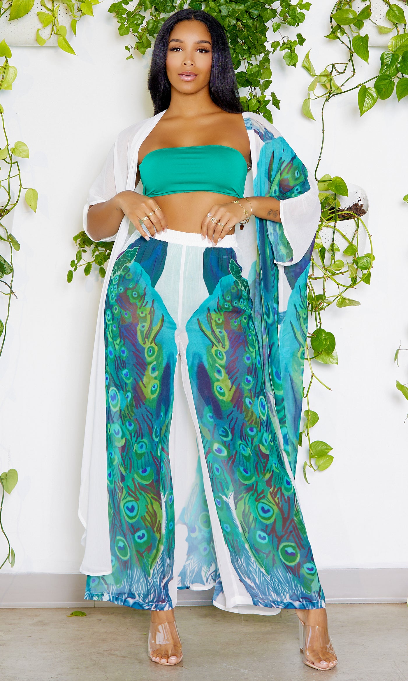 Peacock In Paradise | Kimono Pants Set - Cutely Covered