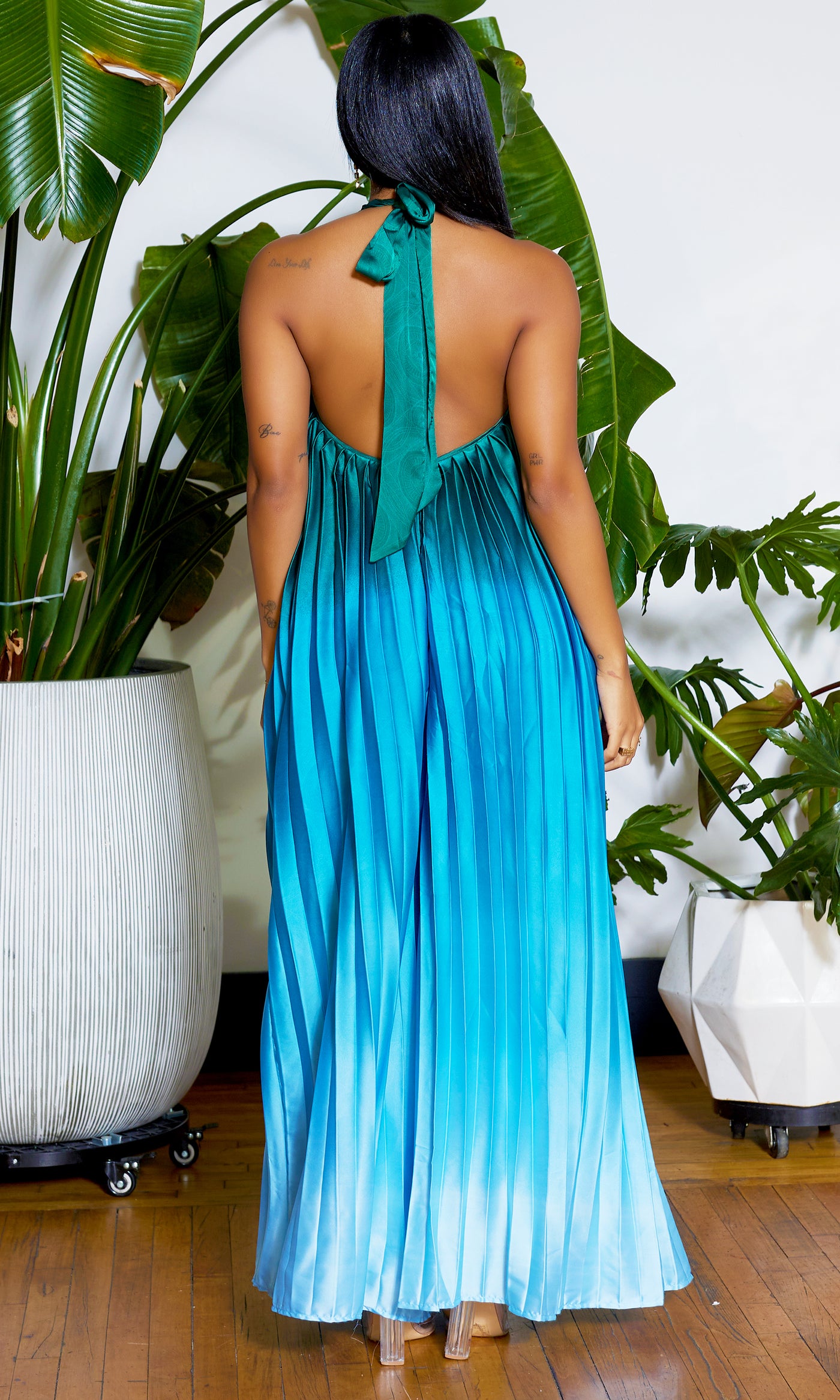 Ombre Pleated Halter Jumpsuit - Emerald Ombre - Cutely Covered