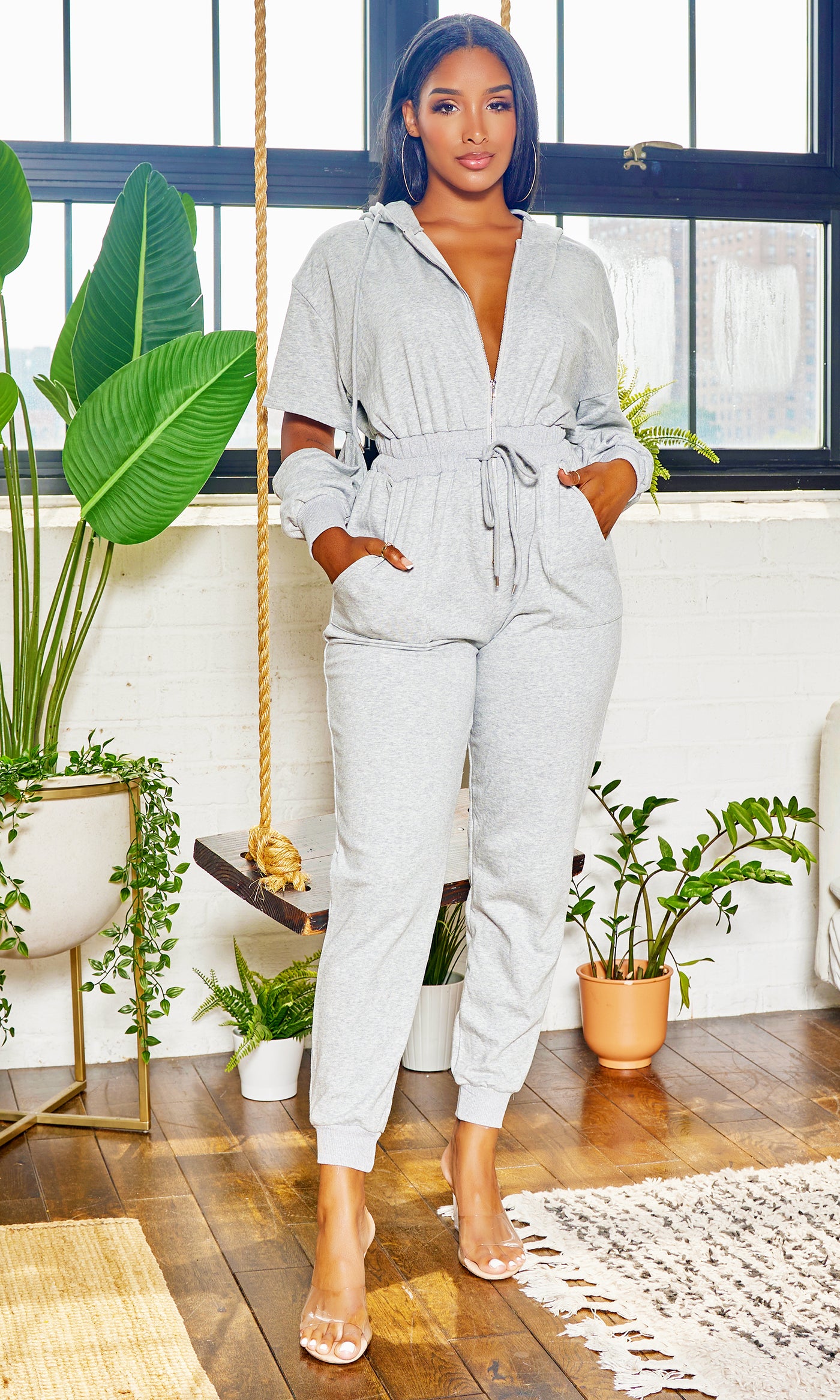 Hooded French Terry Jogger Jumpsuit - Cutely Covered