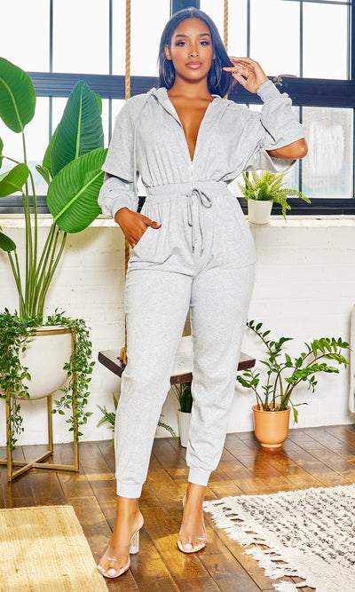 Hooded French Terry Jogger Jumpsuit - Cutely Covered