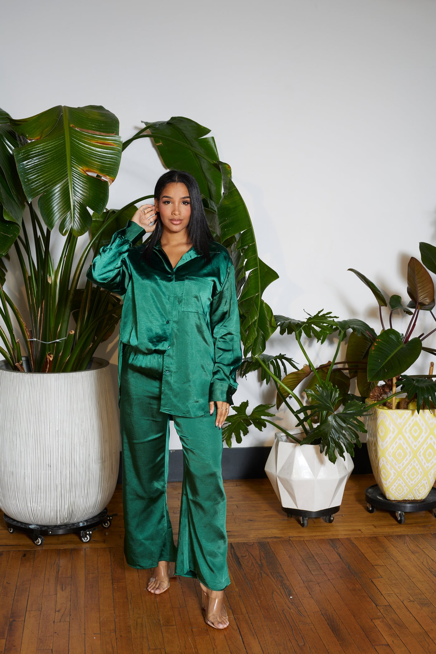 Daily Co-ord Satin Shirt Set- Green - Cutely Covered