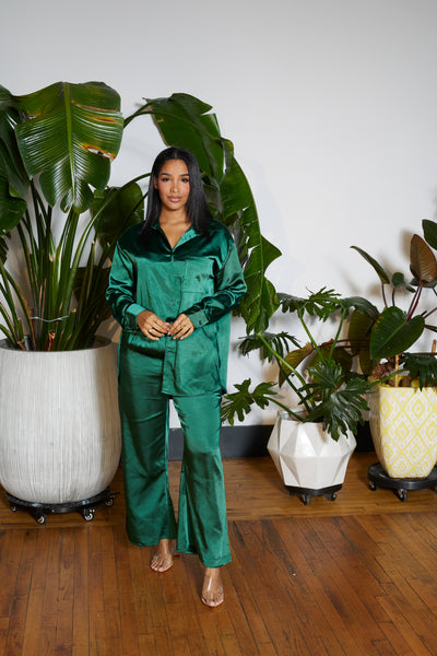 Daily Co-ord Satin Shirt Set- Green - Cutely Covered