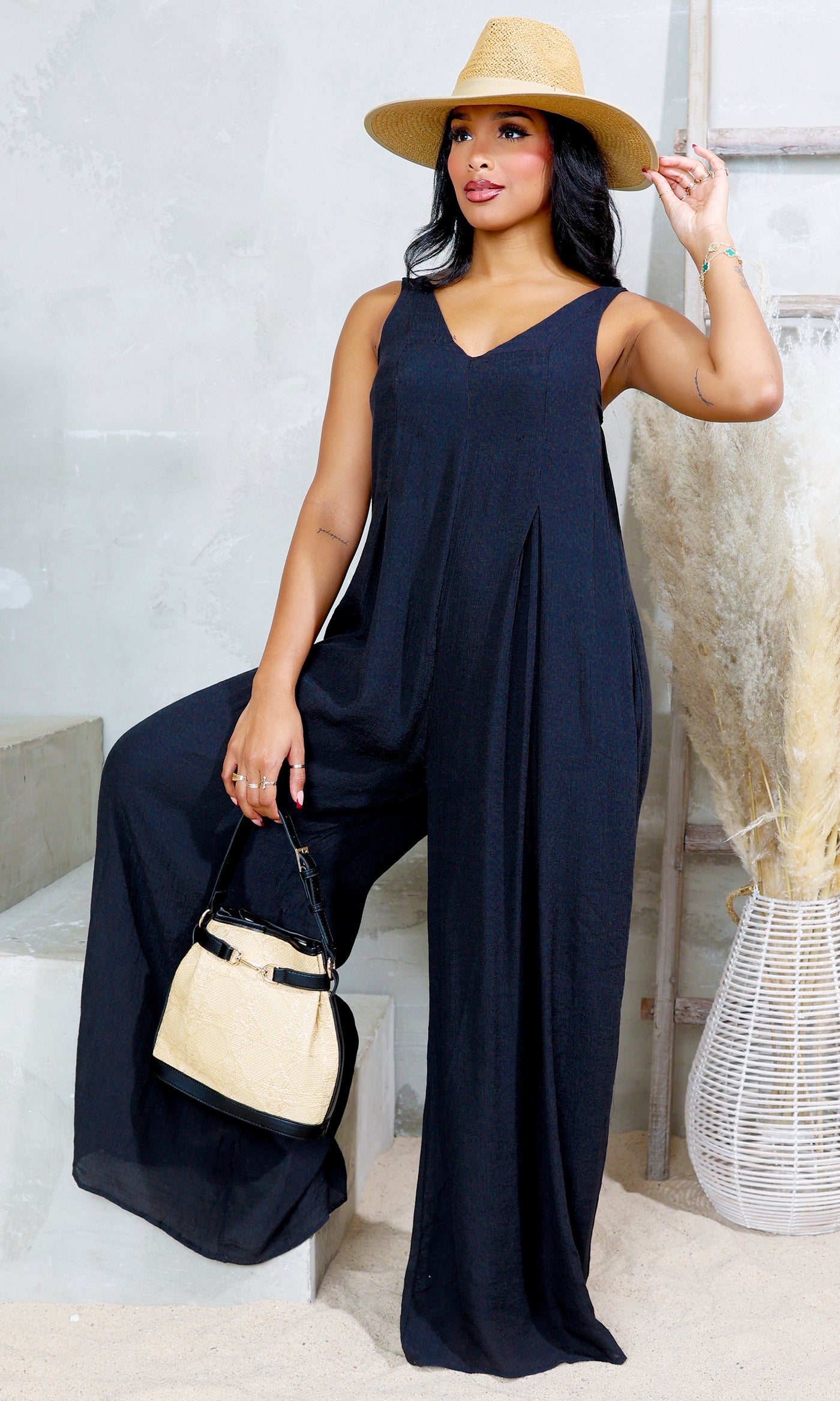 V-Neck Woven Jumpsuit - Black - Cutely Covered