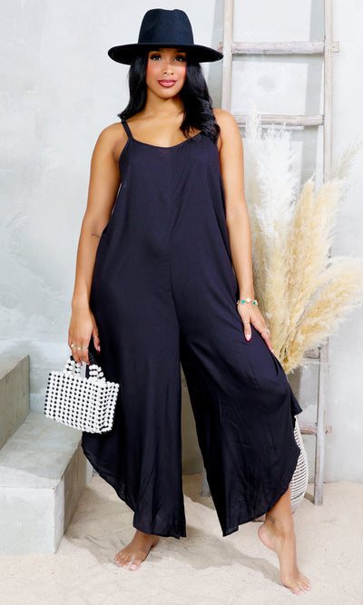 V-Neck Woven Jumpsuit - Black - Cutely Covered