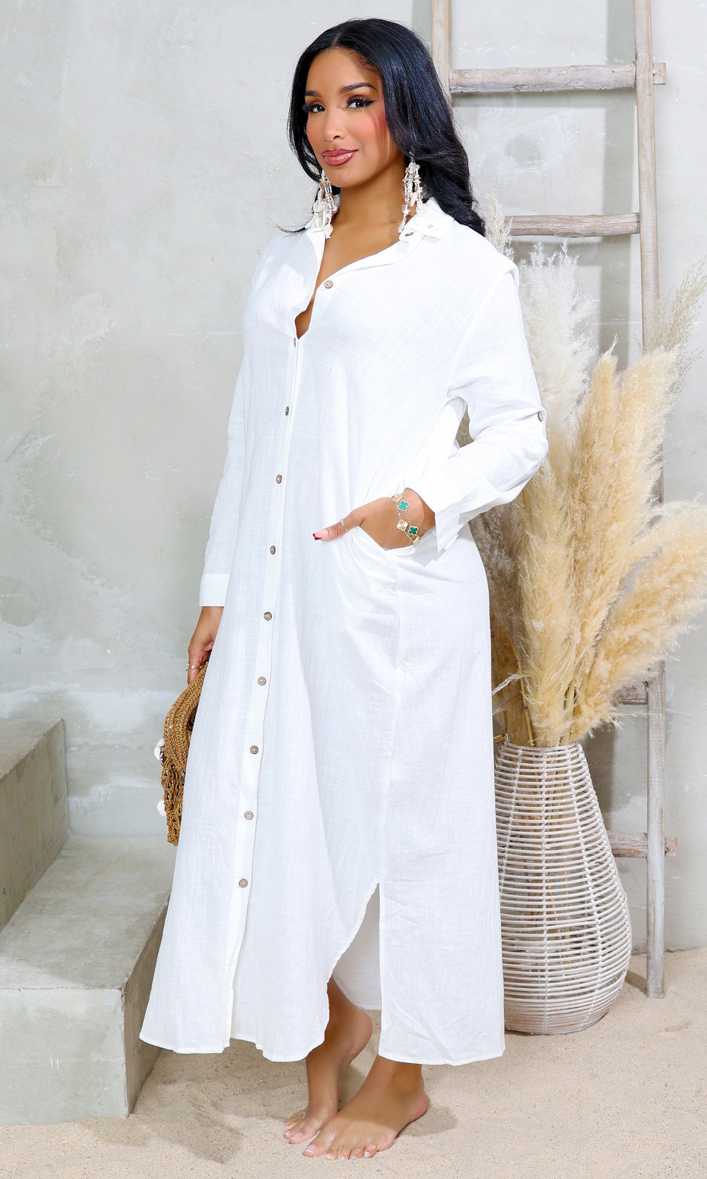Stylish | Button Down Rolled up Sleeve Maxi Dress - Ivory [03.25] - Cutely Covered