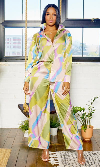 Super Fly | Satin Pants Set -  Lime Multi print - Cutely Covered