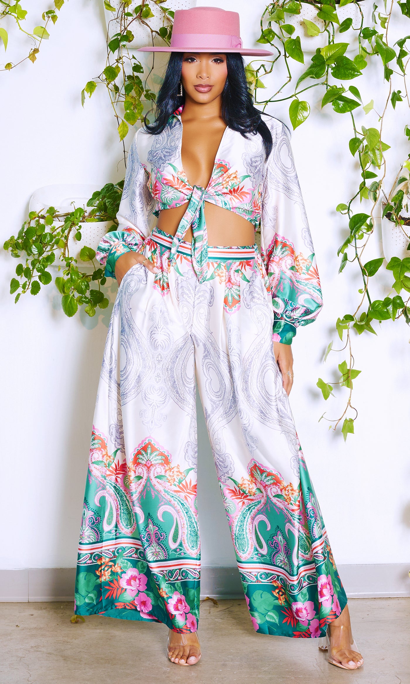 Soft Life | Printed Satin Pants Crop Top Set - Cutely Covered