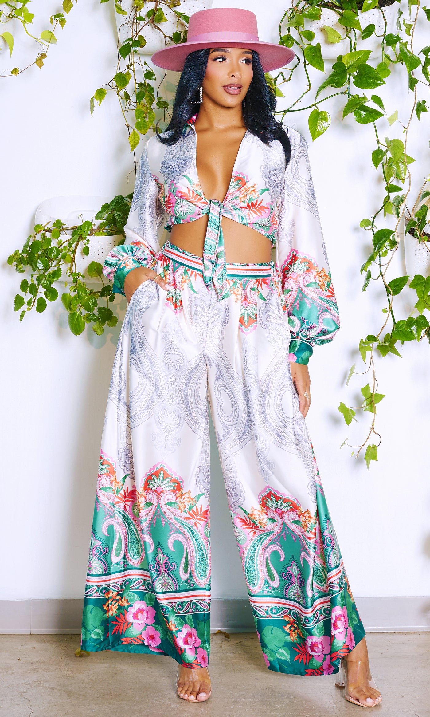 Soft Life | Printed Satin Pants Crop Top Set - Cutely Covered