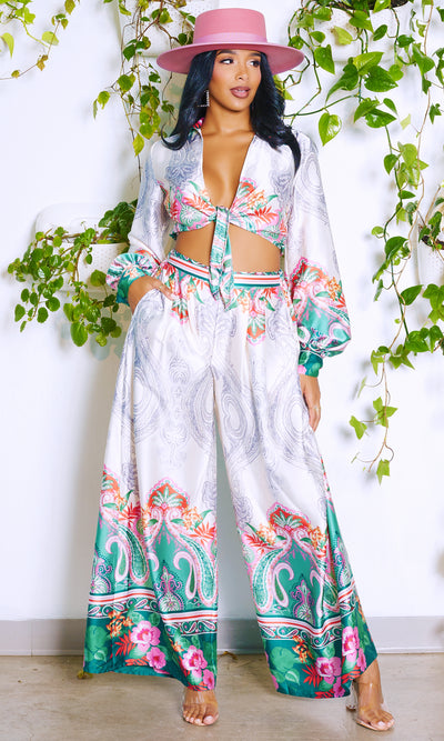 Soft Life | Printed Satin Pants Crop Top Set - Cutely Covered