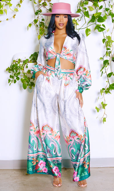 Soft Life | Printed Satin Pants Crop Top Set - Cutely Covered