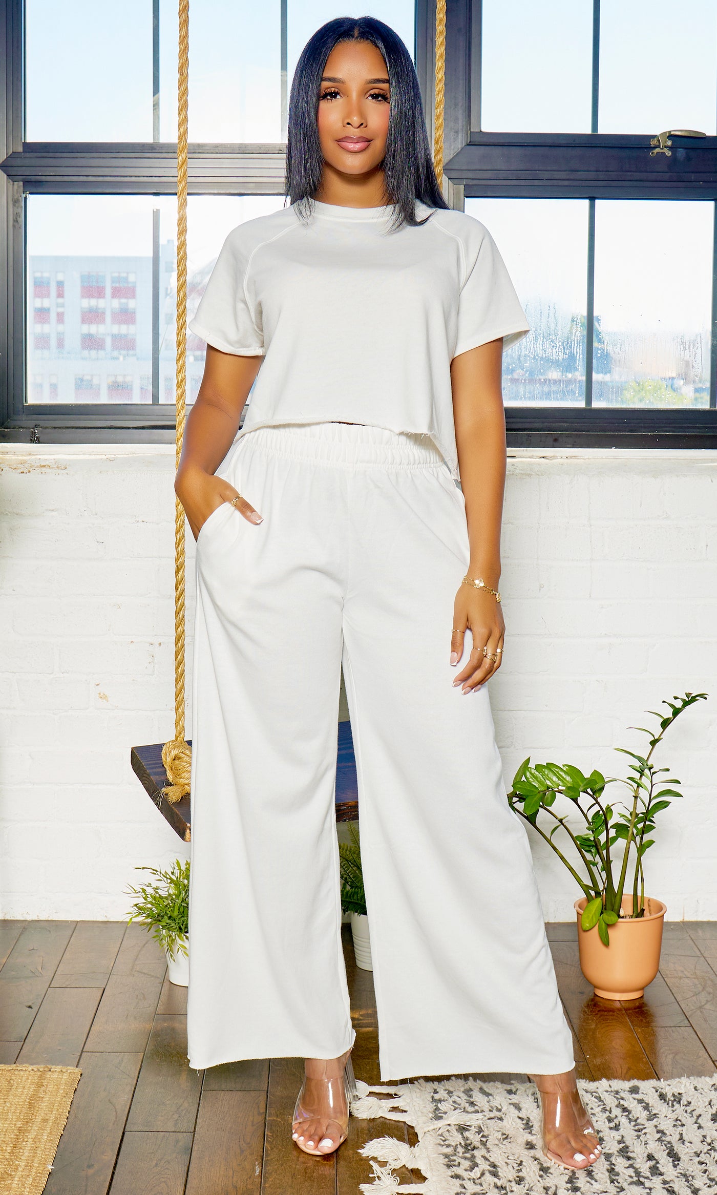 French Terry Wide Leg Sweatpants Set - Off White - Cutely Covered