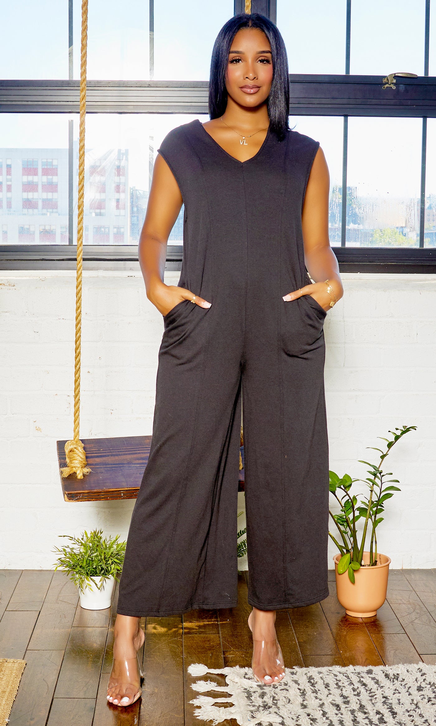 French Terry V Neck Wide Leg Jumpsuit - Black - Cutely Covered