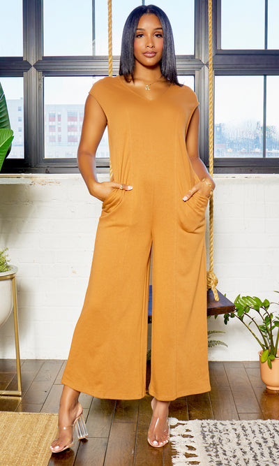 French Terry V Neck Wide Leg Jumpsuit - Camel - Cutely Covered