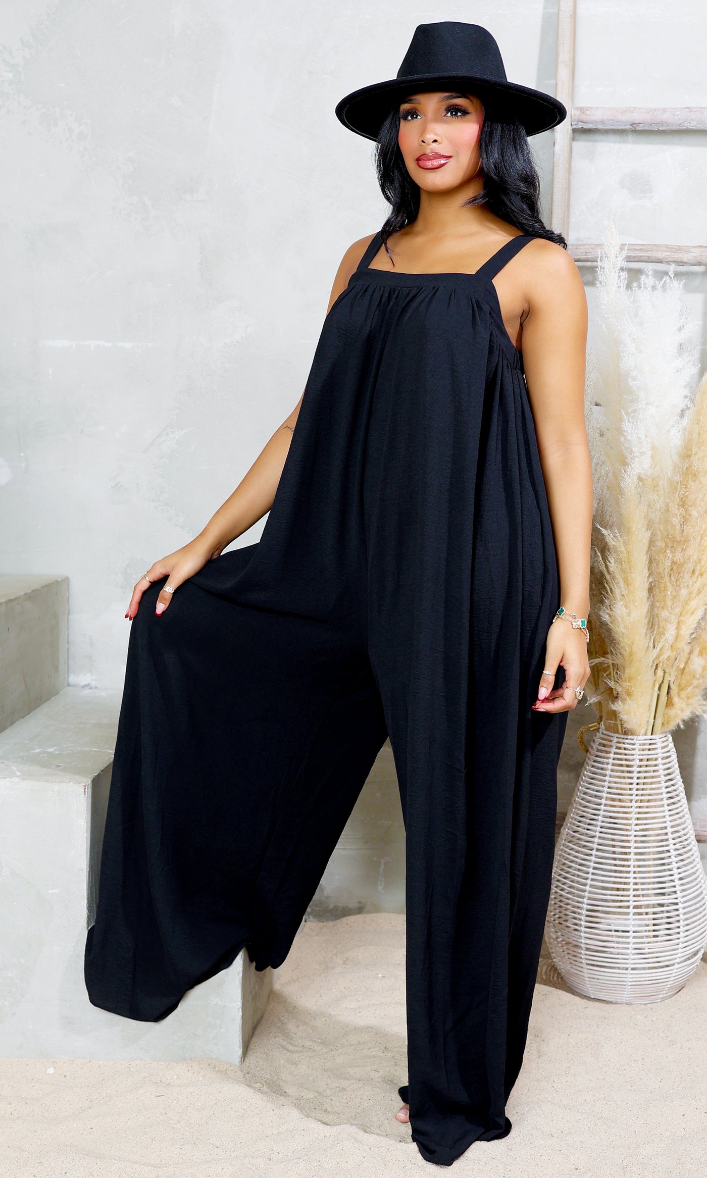 Square Neck Woven Jumpsuit - Black - Cutely Covered