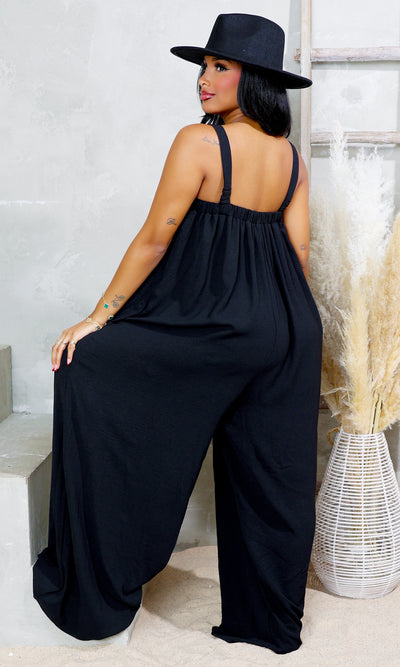 Square Neck Woven Jumpsuit - Black - Cutely Covered