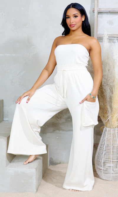 Sunny Day Tube Top & Tie-Waist Pocket Pants Set - White - Cutely Covered