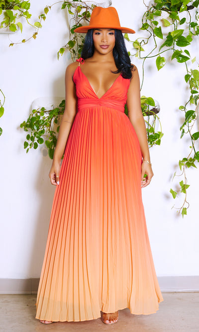 V Neckline Ombre Pleated Dress - Orange - Cutely Covered