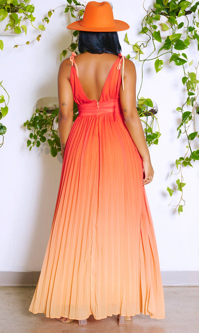V Neckline Ombre Pleated Dress - Orange - Cutely Covered