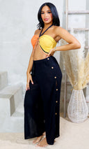 Cotton Breeze | Side Buttons Wide Leg Pants - Black - Cutely Covered