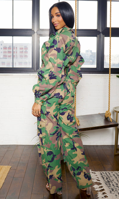 Long Wave Sleeve Cargo Jumpsuit - Camo Preorder Ships End March - Cutely Covered