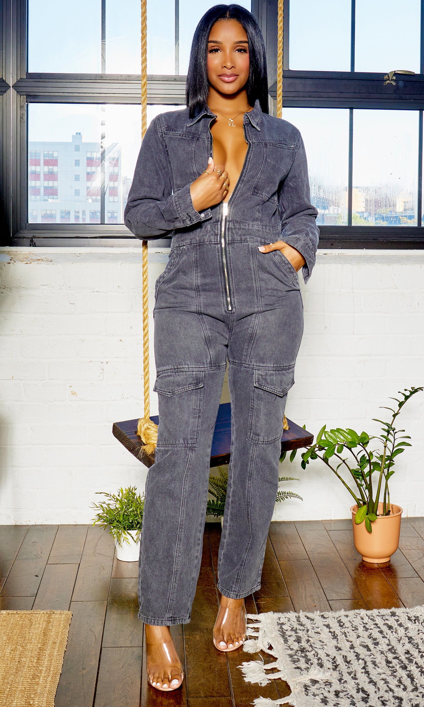 Long Sleeve Front Zip Denim Jumpsuit - Black Wash - Cutely Covered