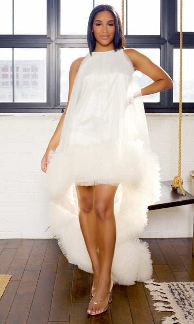 Halo Feather-Trimmed Dipped Hem Dress | White - Cutely Covered